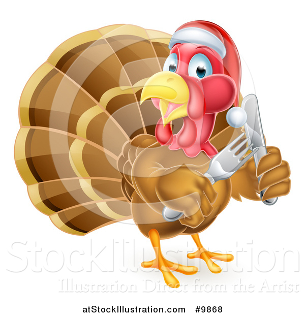 Vector Illustration of a Christmas Turkey Bird Wearing a Santa Hat and Holding Silverware
