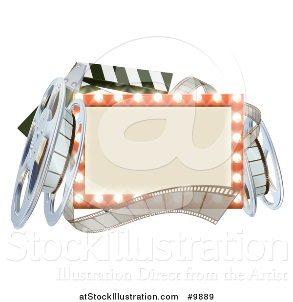 Vector Illustration of a Cinema Movie Theater Sign with Film Reels and a Clapper