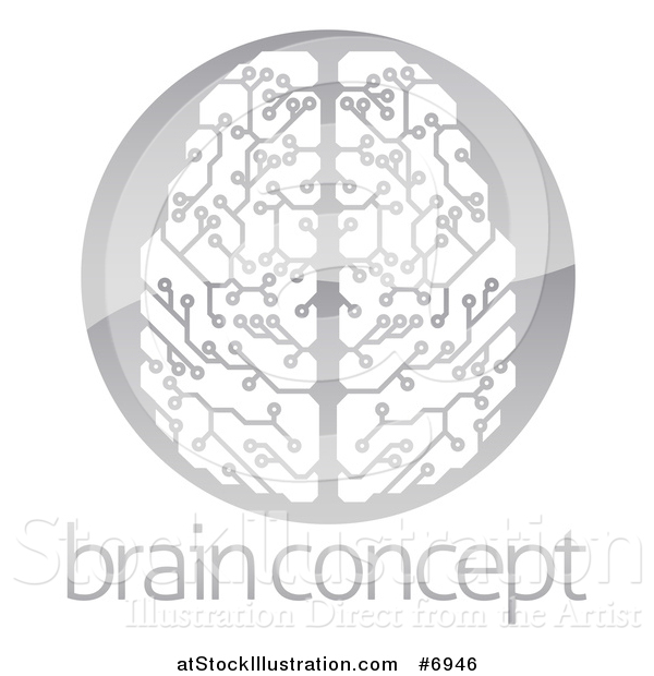 Vector Illustration of a Circuit Board Artificial Intelligence Computer Chip Brain in a Shiny Gray Circle over Sample Text