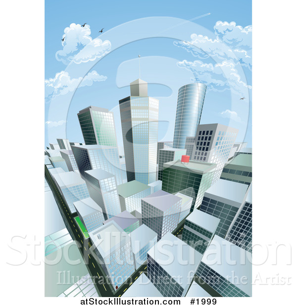 Vector Illustration of a City Block Under a Blue Sky with Clouds