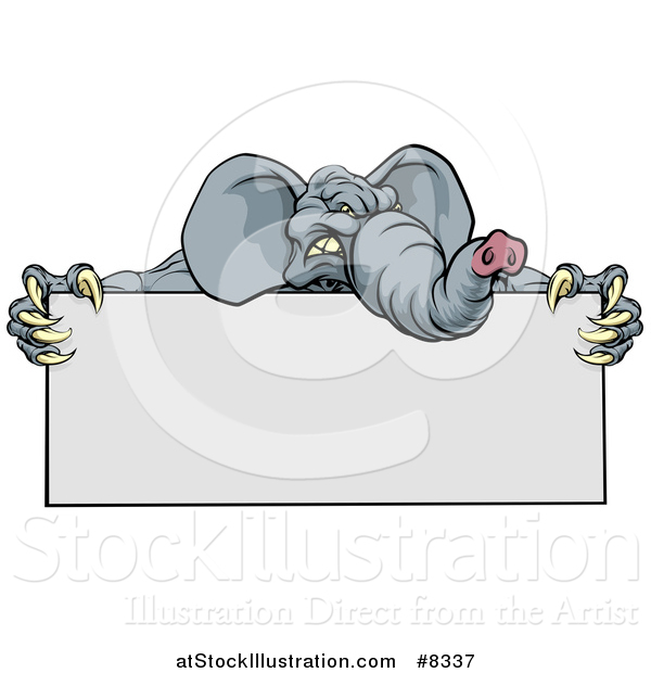 Vector Illustration of a Clawed Elephant Monster Mascot Holding a Blank Sign