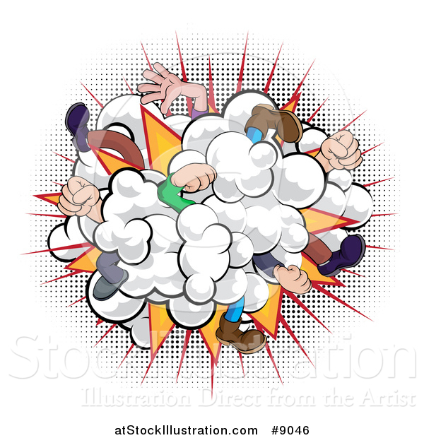 Vector Illustration of a Comic Styled Fighting Dust Cloud with Feet and Legs over Halftone