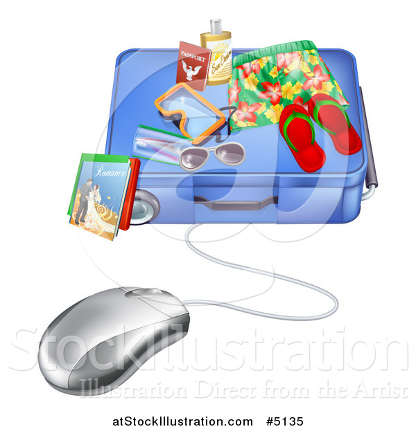 Vector Illustration of a Computer Mouse Wired to a Travel Suitcase