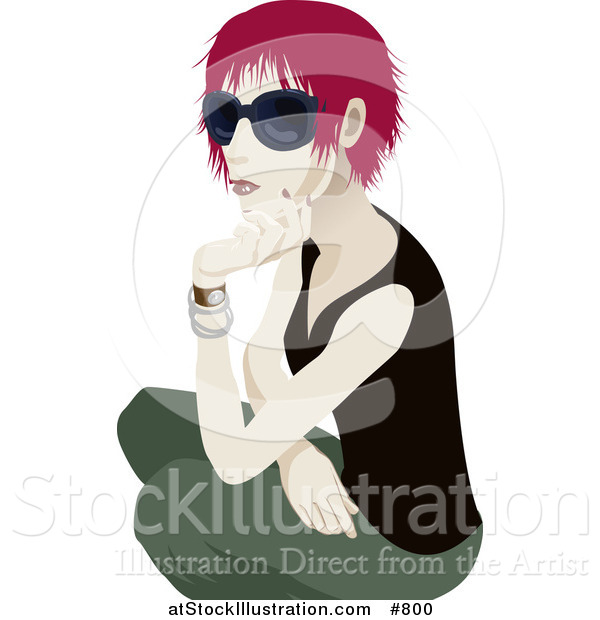 Vector Illustration of a Cool Red Haired Woman Wearing Sunglasses and Crouching