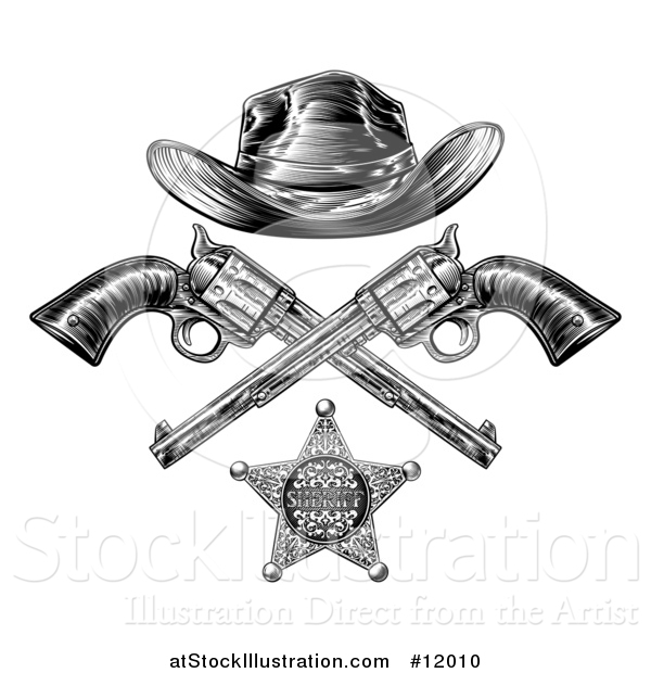 Vector Illustration of a Cowboy Hat over Crossed Guns and a Sheriff Badge in Black and White