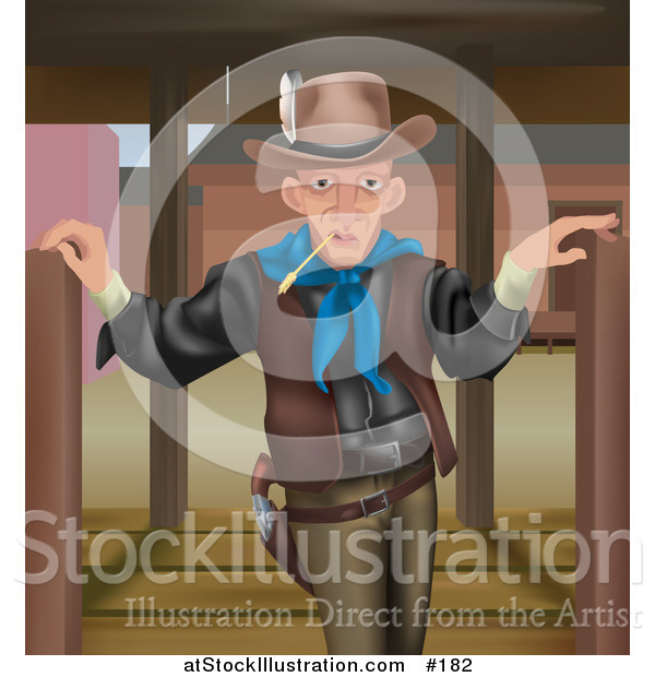 Vector Illustration of a Cowboy Man Chewing on Straw and Standing Between Open Swing Doors