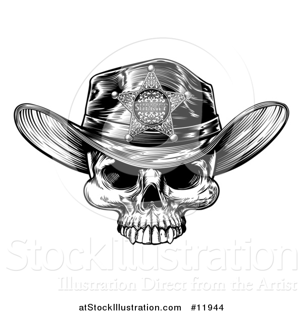 Vector Illustration of a Cowboy Skull Wearing a Sheriff Hat, Black and White Vintage Engraved
