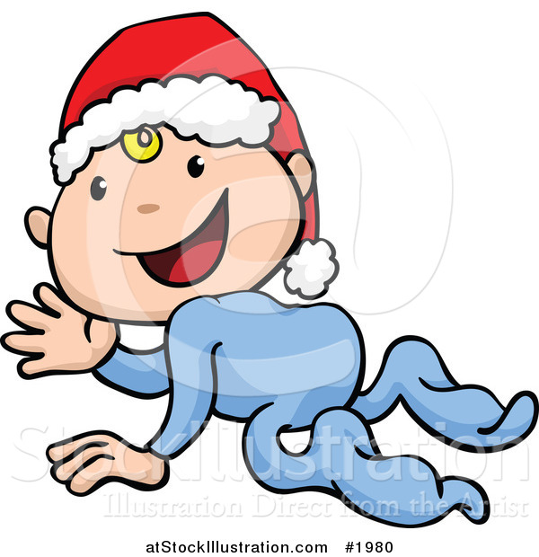 Vector Illustration of a Crawling Cartoon Baby Wearing a Santa Hat and Waving