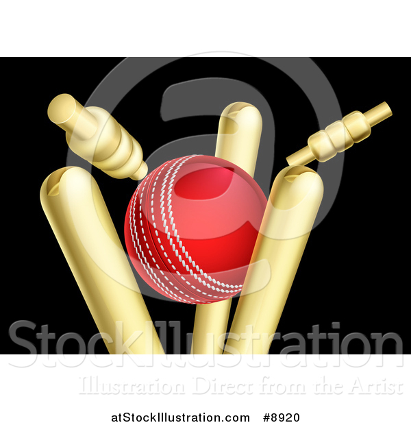 Vector Illustration of a Cricket Ball Breaking Wicket Stumps on Black