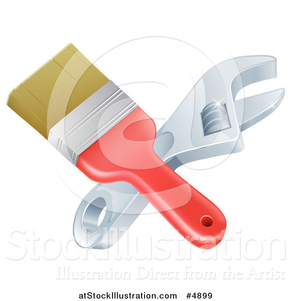 Vector Illustration of a Crossed Paintbrosh and Adjustable Wrench