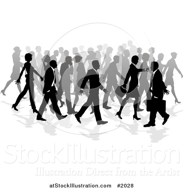 Vector Illustration of a Crowd of Silhouetted Business People Walking