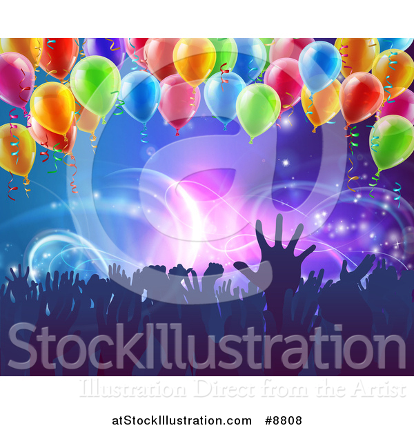 Vector Illustration of a Crowd of Silhouetted People Hands over Neon Lights on Blue, with Party Balloons