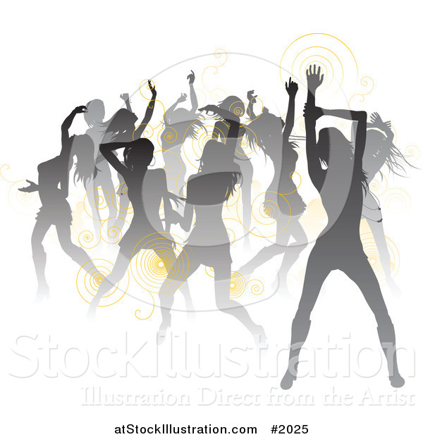 Vector Illustration of a Crowd of Silhouetted Sexy Women Dancing, with Yellow Spirals