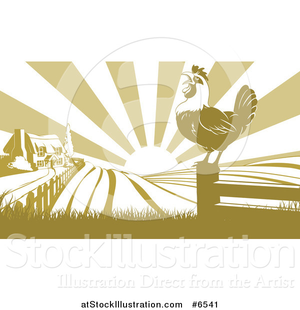 Vector Illustration of a Crowing Rooster on a Fence Post Against a Sunrise over a Farm House