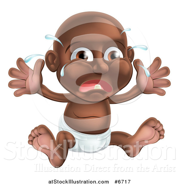 Vector Illustration of a Crying Black Baby Boy Teething, Sitting in a Diaper, Holding His Arms up