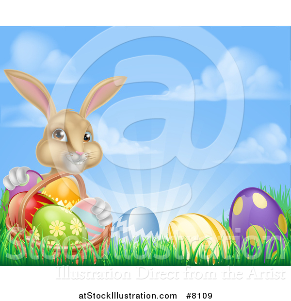 Vector Illustration of a Cute Beige Bunny Rabbit with a Basket and Easter Eggs in Grass Against a Blue Sky with Puffy Clouds and Sun Rays