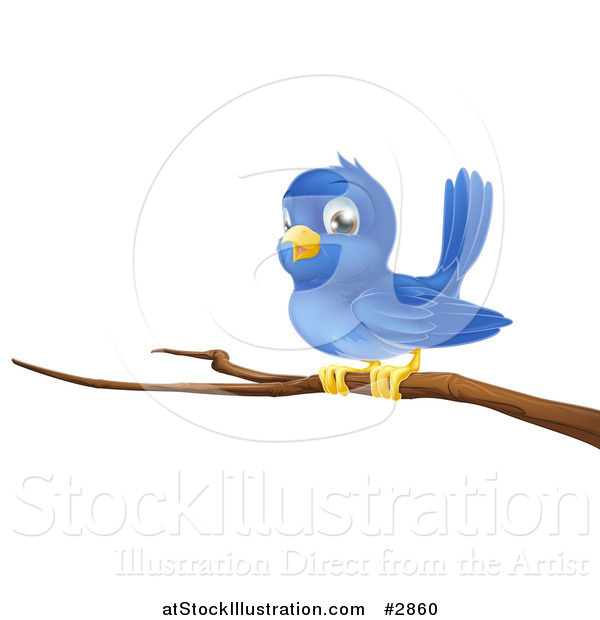 Vector Illustration of a Cute Blue Bird Perched on a Bare Tree Branch