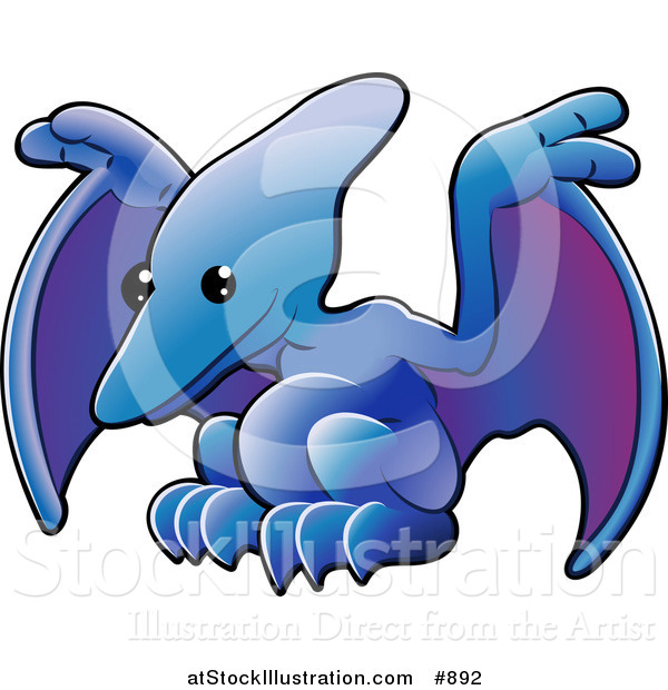 Vector Illustration of a Cute Blue Pterodactyl or Pteranodon Dinosaur with Purple Under Its Wings