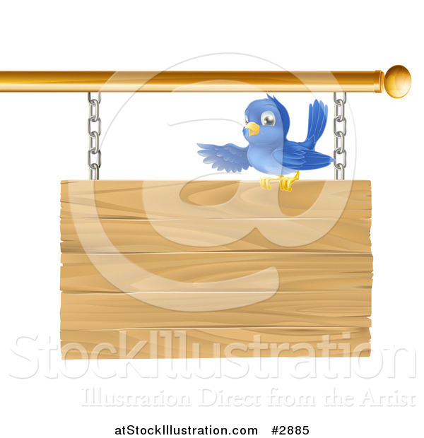 Vector Illustration of a Cute Bluebird Perched on and Presenting a Hanging Wooden Sign