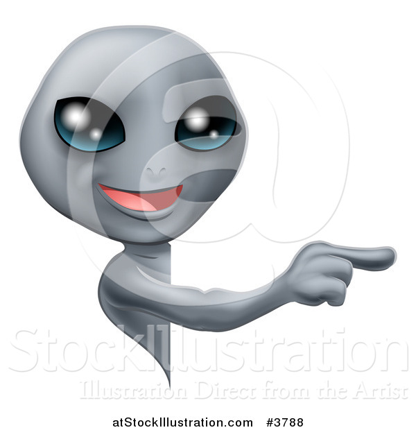 Vector Illustration of a Cute Gray Alien Looking Around a Sign and Pointing