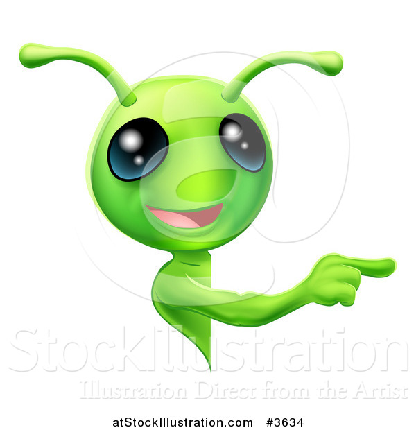 Vector Illustration of a Cute Green Alien Looking Around a Sign and Pointing