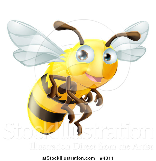 Vector Illustration of a Cute Happy Bee Mascot Flying