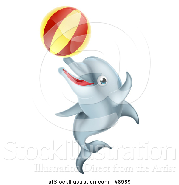 Vector Illustration of a Cute Happy Dolphin Jumping and Playing with a Ball