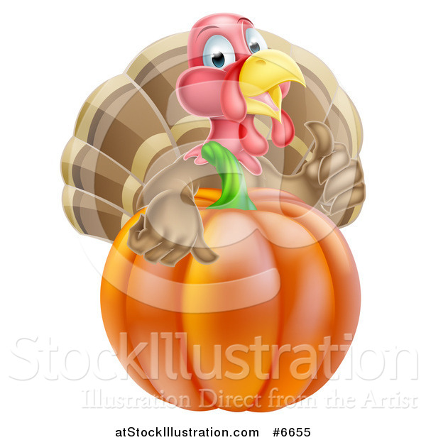 Vector Illustration of a Cute Turkey Bird Giving a Thumb up over a Pumpkin