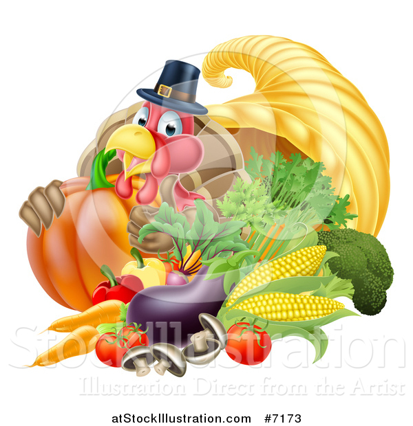 Vector Illustration of a Cute Turkey Bird Pilgrim Giving a Thumb Up, with Harvest Produce and a Cornucopia 2