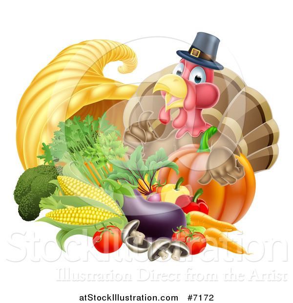 Vector Illustration of a Cute Turkey Bird Pilgrim Giving a Thumb Up, with Harvest Produce and a Cornucopia