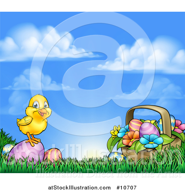 Vector Illustration of a Cute Yellow Chick on Easter Eggs and a Basket in the Grass, over a Sunny Sky