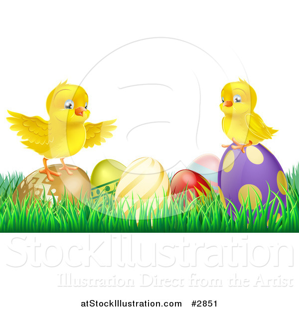 Vector Illustration of a Cute Yellow Easter Chicks on Top of Decorated Eggs in Grass