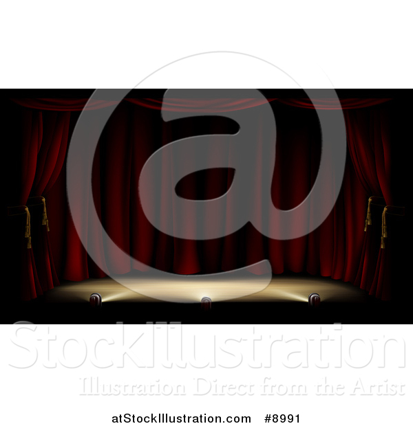 Vector Illustration of a Dark and Deserted Theater Stage with Red Curtains and Foot Lights