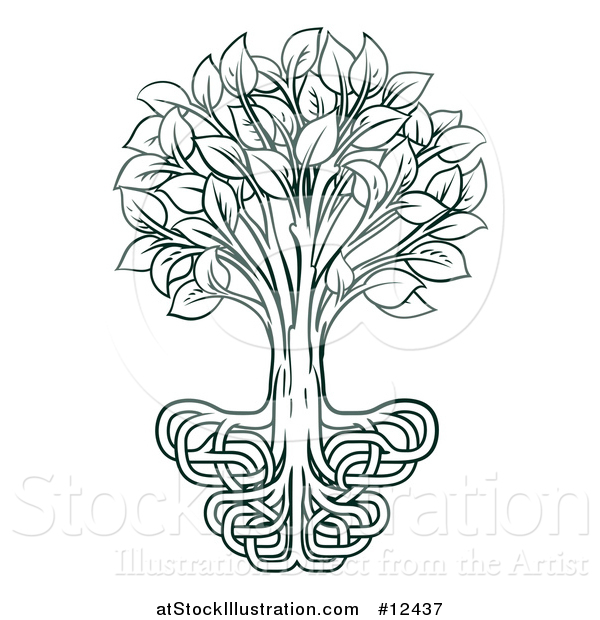 Vector Illustration of a Dark Green Tree with Entwined Roots