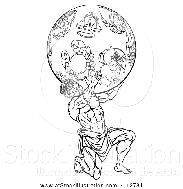 Vector Illustration of a Determined Greek Mythology Titan Lifting Globe with Zodiac Theme - Black Outlined Version