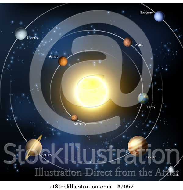 Vector Illustration of a Diagram of the Solar System with Labeled Planets and Blue Star Background