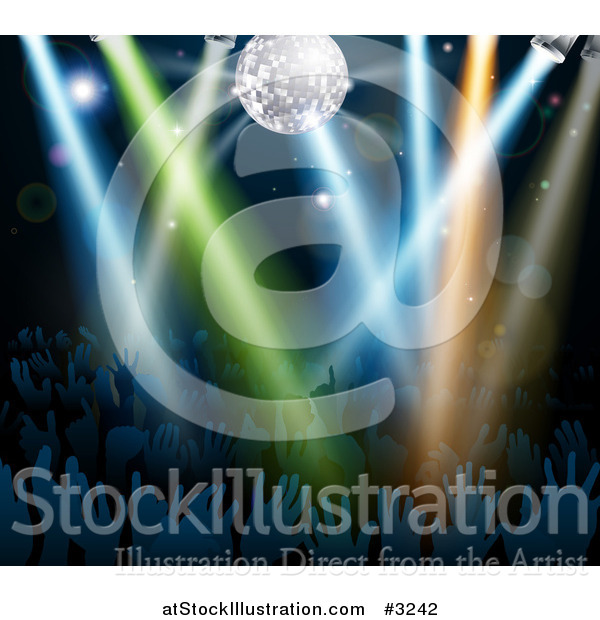 Vector Illustration of a Disco Ball and Lights Shining on Silhouetted Hands in a Dance Floor Crowd