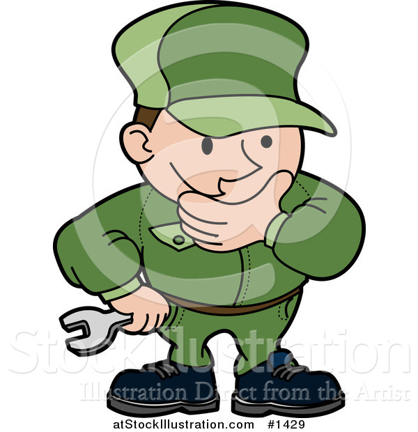 Vector Illustration of a Engineer, Mechanic or Plumber Man in a Green Uniform, Rubbing His Chin While in Thought and Holding a Wrench