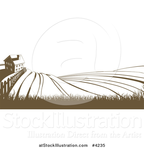 Vector Illustration of a Farm House and Rolling Hills in Brown and White