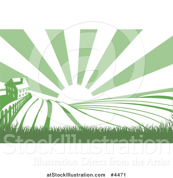 Vector Illustration of a Farm House and Rolling Hills with Sunshine in Green and White