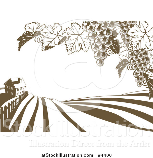 Vector Illustration of a Farm House and Rolling Hills with Winery Grape Vines in Brown and White