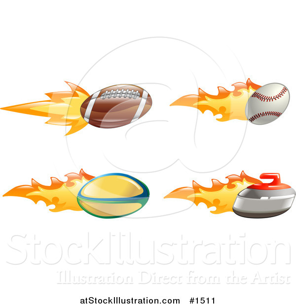 Vector Illustration of a Fast Fiery American Football, Baseball, Rugby Ball and Curling Stone