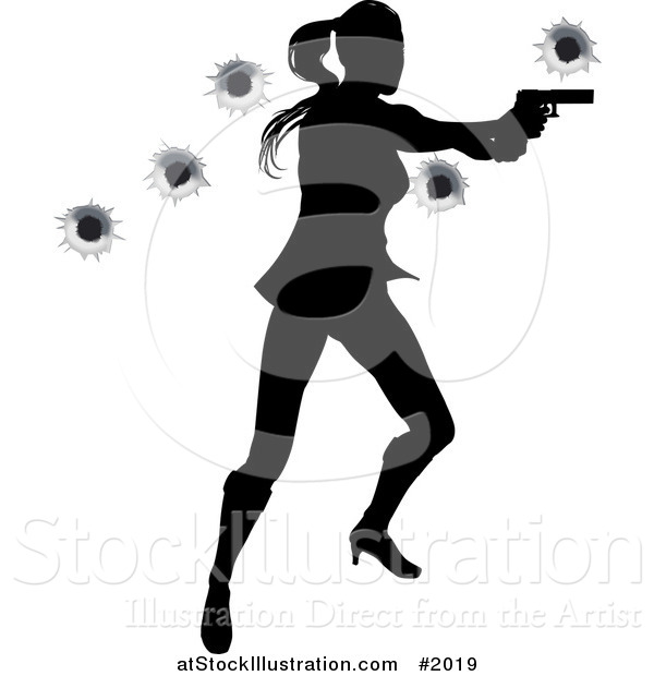 Vector Illustration of a Female Action Hero Shooting, with Bullet Holes