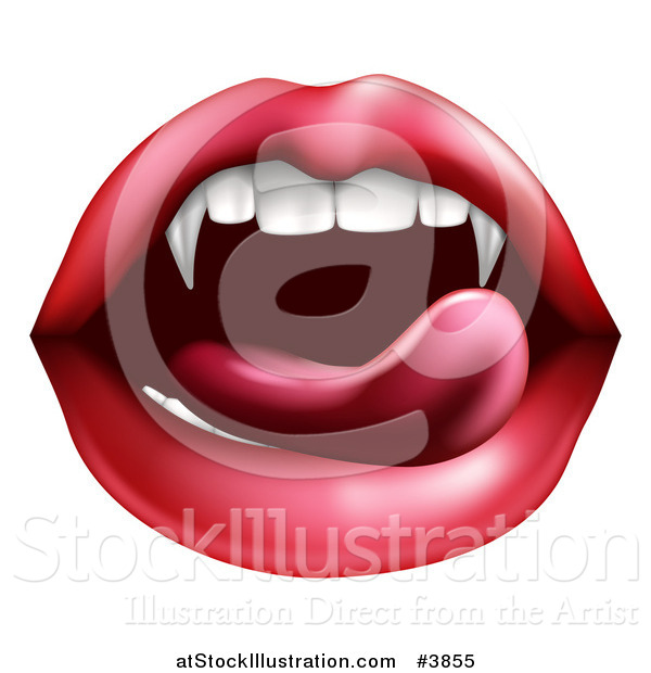 Vector Illustration of a Female Mouth with a Tongue Licking Vampire Fangs