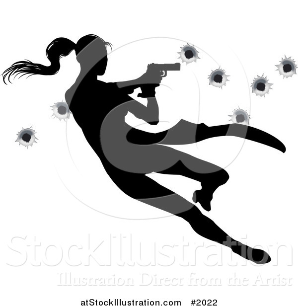 Vector Illustration of a Femme Fatale Jumping and Shooting over Bullet Holes