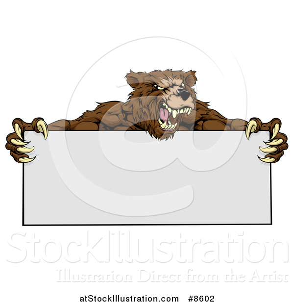 Vector Illustration of a Fierce Buff Muscular Grizzly Bear Man Holding a Blank Sign