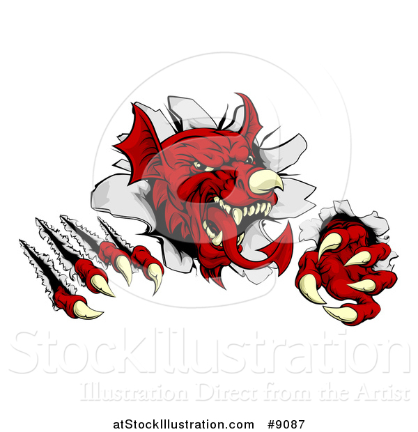 Vector Illustration of a Fierce Red Welsh Dragon Mascot Shredding Through a Wall