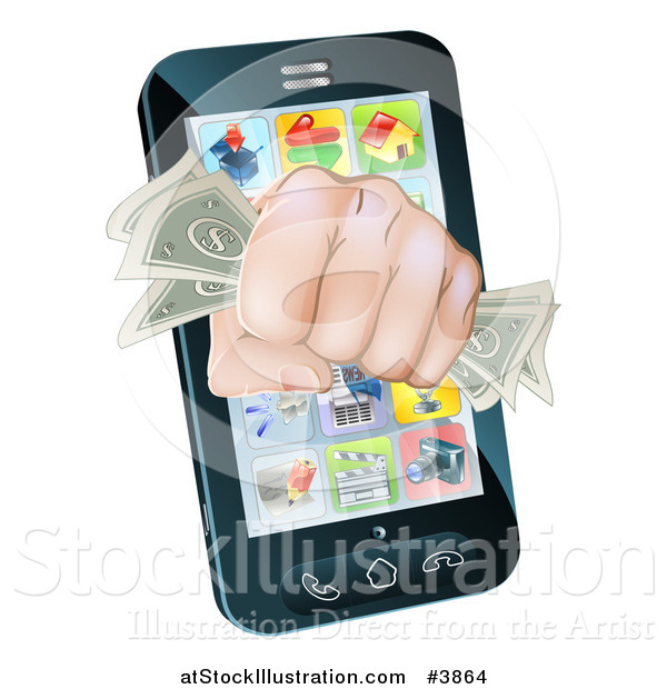 Vector Illustration of a Fist with Cash Emerging from a Smart Phone