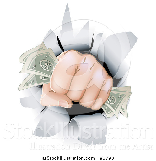 Vector Illustration of a Fist with Cash Punching Through a Wall