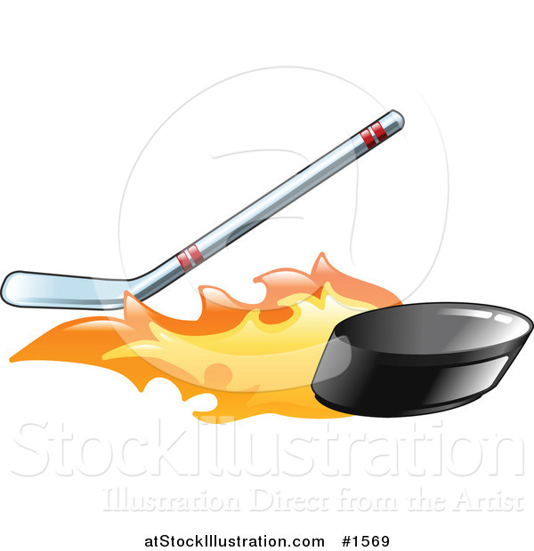 Vector Illustration of a Flaming Black Hockey Puck Flying Away from a Hockey Stick